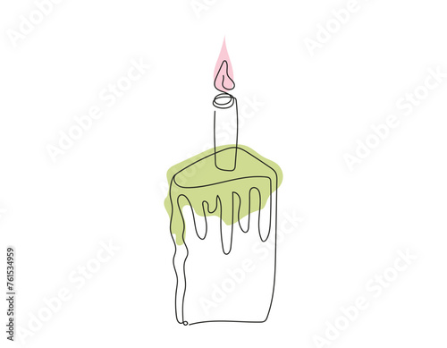 Continuous one line drawing of Easter Kulich cake with lit candle. Slice of Birthday cupcake. Colored vector isolated on white backdrop. Design element for print, greeting, scrapbooking, invitation