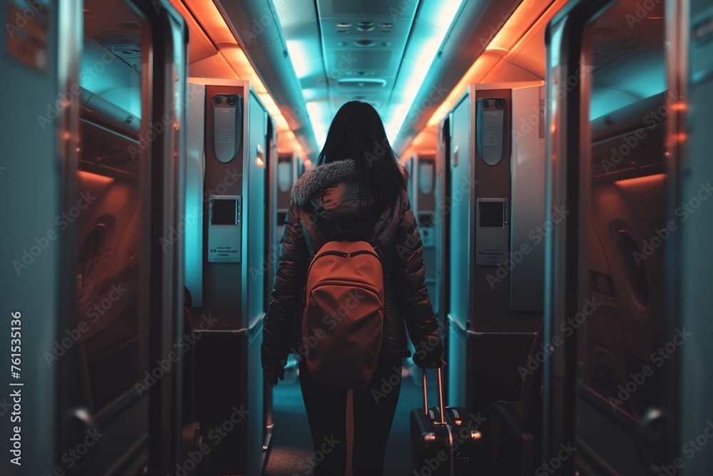 A person with a suitcase walking down the corridor, viewed from behind as they head towards the plane, ready to board. A person with a suitcase walking down the corridor, viewed from behind as they head towards the plane, ready to board.