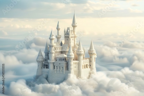 Papercraft art stock image of a fantasy paper castle floating in the clouds