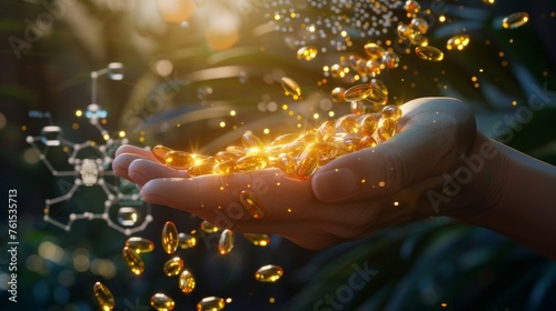 Dynamic 3D scene of golden fish oil capsules raining down into an open palm against a background that blends natural marine elements with scientific imagery