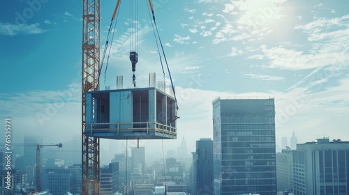 a large robotic crane lifting a prefabricated module into place on a high-rise building