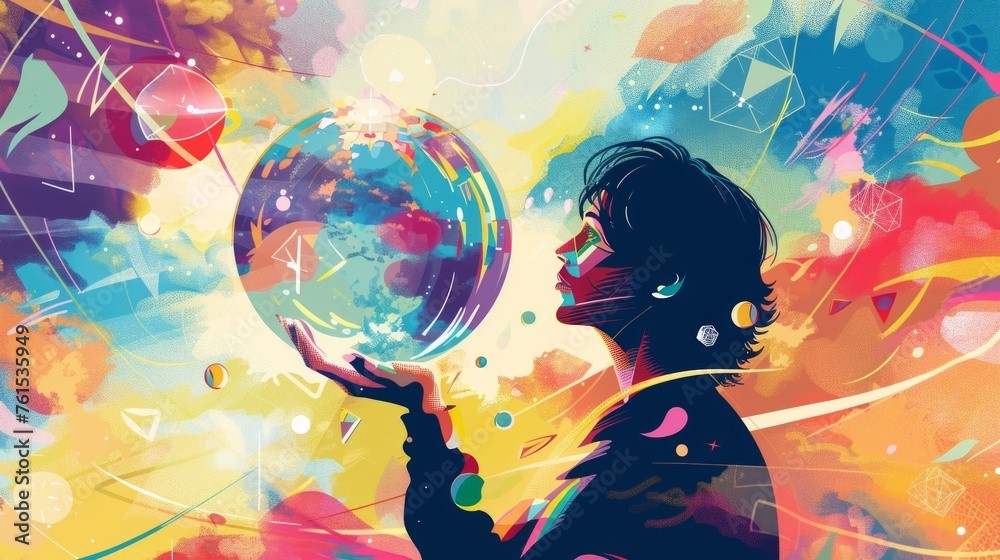 Person Gazing into Vibrant Dreamlike Crystal Ball Person Gazing into Vibrant Dreamlike Crystal Ball