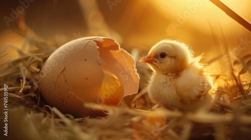Ultra-realistic close-up photo of a moment just as a chick breaks through its eggshell with fine details capturing the texture of the shell and the softness of the chicks feathers