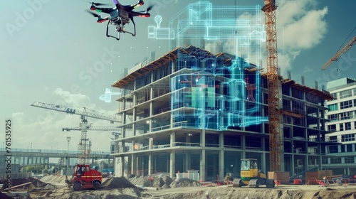 Ultra-realistic photo showing an AI-powered construction site where drones and robots work alongside human engineers using AI to optimize the placement of prefabricated elements.