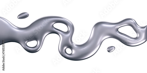 3d chrome liquid wave with drops isolated. Render of fluid metal ribbon with reflection gradient effect flying in motion concept for poster, cover. 3d vector geometric background