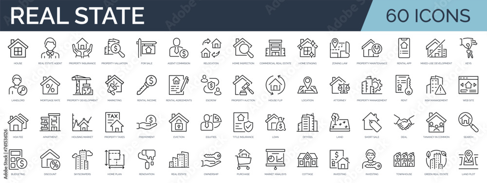 Fototapeta premium Set of 60 outline icons related to real estate. Linear icon collection. Editable stroke. Vector illustration