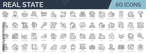 Set of 60 outline icons related to real estate. Linear icon collection. Editable stroke. Vector illustration photo