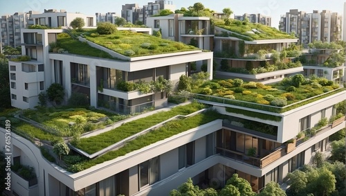 Modern residential district with green roof and balcony.