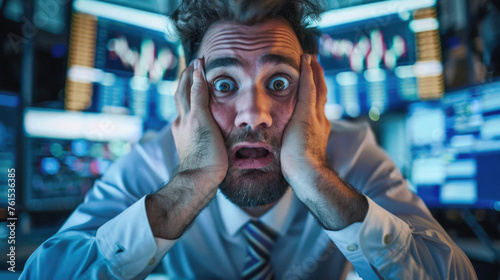Shocked business man stock trading market investor broker, businessman trader feeling terrified looking at unbelievable financial charts. Money loss, stock market fall, economic recession bankruptcy.