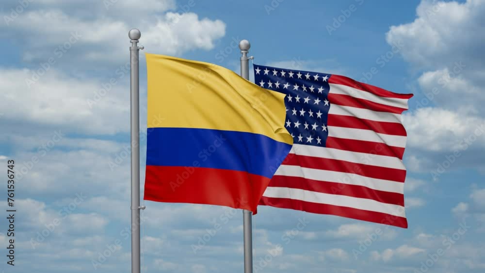 USA and Colombia two flags waving together, looped video, two country cooperation concept USA and Colombia two flags waving together, looped video, two country cooperation concept
