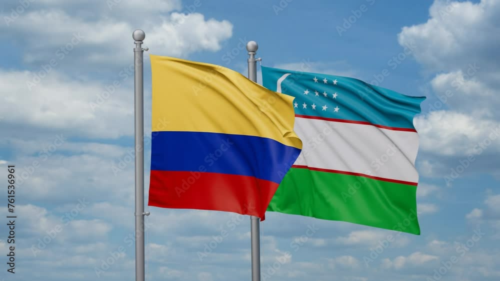 Republic of Uzbekistan and Colombia two flags waving together, looped video, two country cooperation concept Republic of Uzbekistan and Colombia two flags waving together, looped video, two country cooperation concept