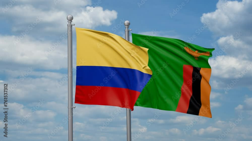 Zambia and Colombia two flags waving together, looped video, two country cooperation concept Zambia and Colombia two flags waving together, looped video, two country cooperation concept