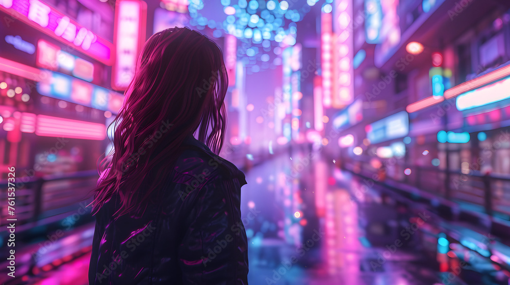 A woman wearing a leather jacket gazes at a vibrant, neon-lit cityscape at night, her face not in focus