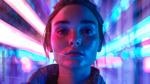 A young woman's face captures attention amidst blinding neon lights, embodying the energy of urban life © Janina