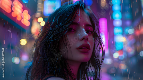A dark and moody image of a girl with rain-soaked hair against an otherworldly backdrop of neon lights