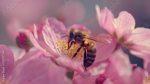 Beautiful colorful summer spring natural flower background. Bees working on a bright sunny day with beautiful bokeh