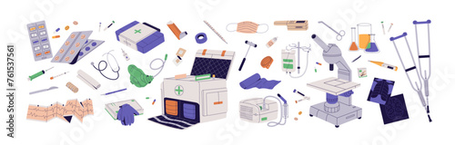 Medical tools set. First aid kit: pills, thermometer, inhaler. Hospital supplies: ECG equipment, surgical scalpel, test tubes, microscope, crutches. Medicine flat isolated vector illustration on white