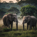 Elephants in Africa walking on the grass