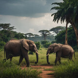 Elephants in Africa walking on the grass