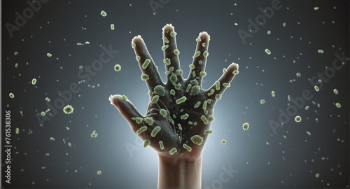 An outstretched hand on which pathogens such as bacteria and viruses are greatly enlarged generated