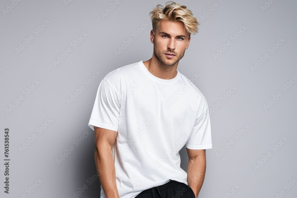 Blond, sporty European male, 25 years old, sporting a short hairstyle, docks a pose wearing an oversized white T-shirt, paired with black trousers against a neutral gray backdrop Blond, sporty European male, 25 years old, sporting a short hairstyle, docks a pose wearing an oversized white T-shirt, paired with black trousers against a neutral gray backdrop