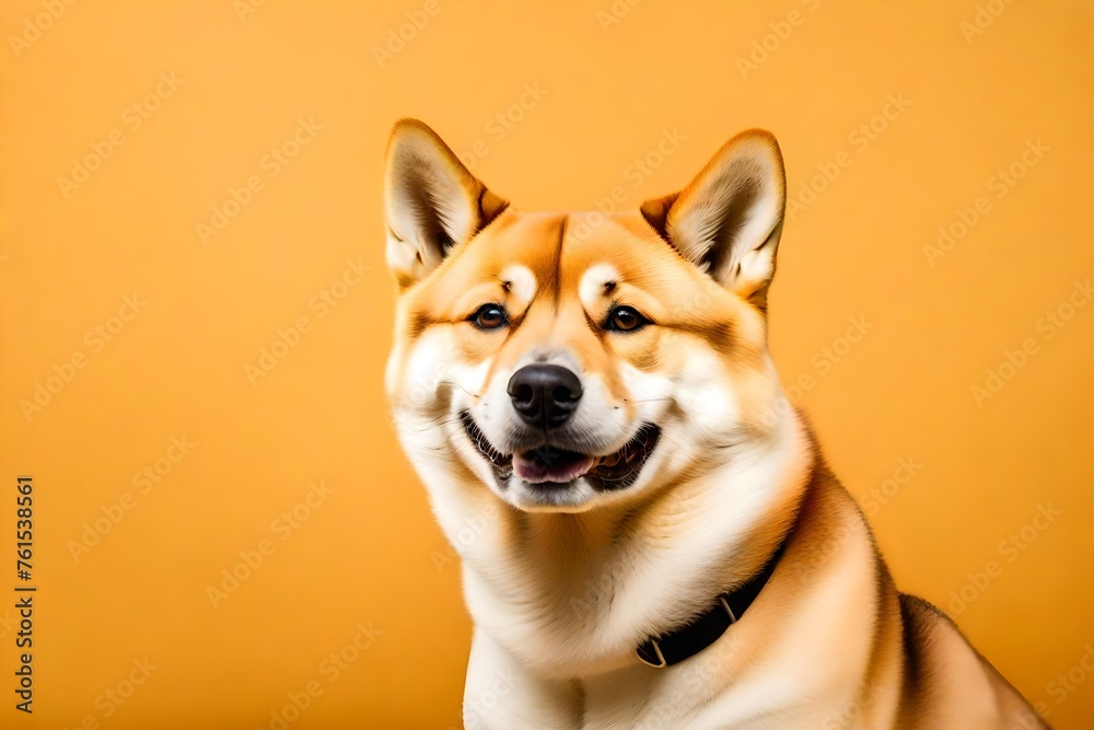 Happy smiling shiba inu dog isolated on yellow orange background