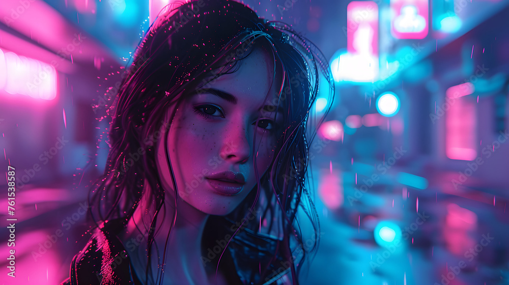Digital art showing a girl with a reflective expression, standing in the rain under neon lights Digital art showing a girl with a reflective expression, standing in the rain under neon lights