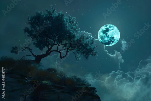 Fantasy tree against a luminous full moon - Surreal fantasy composition of a lone tree silhouetted against a vivid full moon and clouds