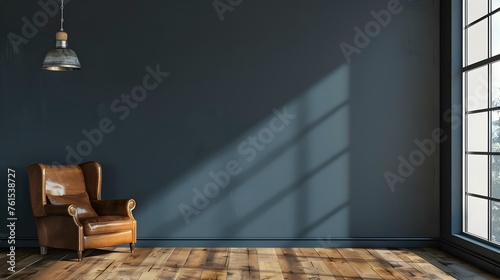 Elegant leather armchair in a spacious room - Spacious room with a single elegant brown leather armchair near a tall window with shadows on the wall