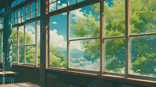 Japanese school glass windows and the tip of a shady tree  anime style background