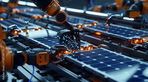 Robotic arms assembling solar panels on a line - Precision robotic arms engaged in the automated assembly of solar panels in a futuristic high-tech manufacturing line photo