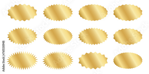 Set of silver and golden oval stickers with wiggle and zigzag borders. Shining labels, badges, price tags, coupons with undulated and jagged edges isolated on white background. Vector illustration.