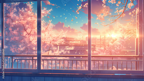 Japanese school glass windows and the tip of a shady tree, anime style background photo