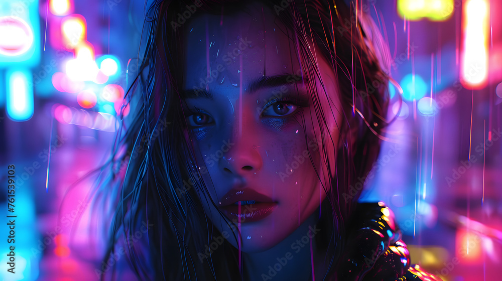 Woman with a captivating gaze in a visually-rich, neon-drenched cityscape with rain Woman with a captivating gaze in a visually-rich, neon-drenched cityscape with rain