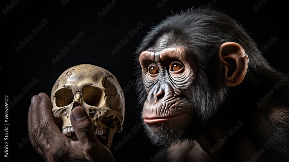 Illustration of a chimpanzee head and skull, theory of evolution of the ape family, on a black background. Illustration of a chimpanzee head and skull, theory of evolution of the ape family, on a black background.
