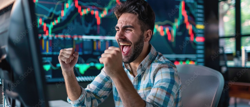 Happy crazy euphoric rich business man stock trading exchange market investor broker, businessman trader winner celebrating success financial charts growth. Money profit win, stock market growth.