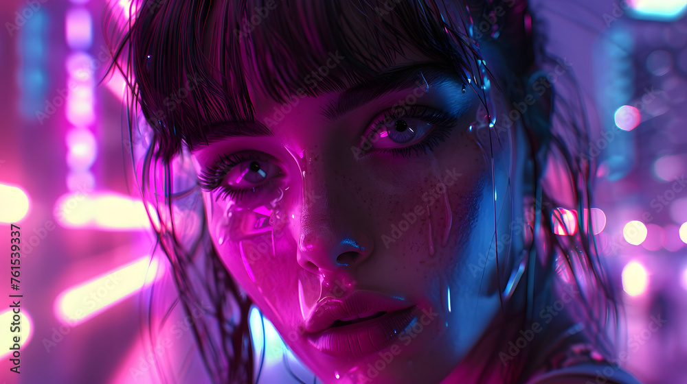 Eerie silhouette of a woman against a backdrop of vibrant neon lights and reflections