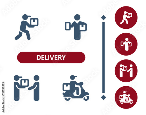 Delivery icons. Delivery man, courier, delivery boy, scooter, package, parcel, delivering icon