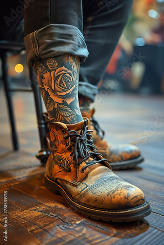 Closeup of man's leg with creative tattoo with a rose.