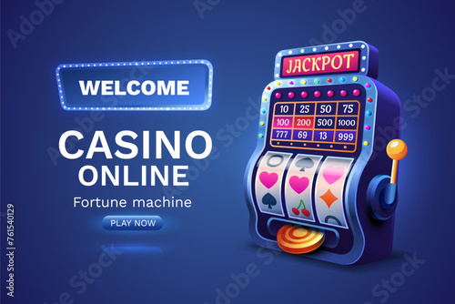 Casino 777 banner slots machine winner, jackpot fortune of luck. Vector illustration