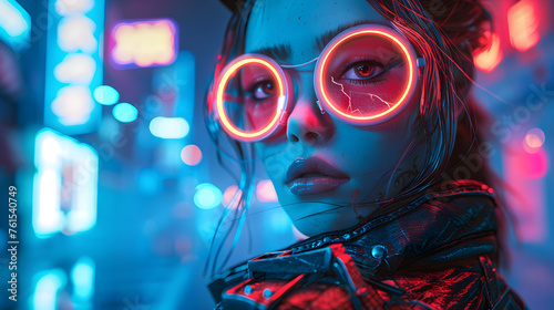 Spectacular digital rendition of a girl with futuristic neon circle glasses in a vibrant urban scene