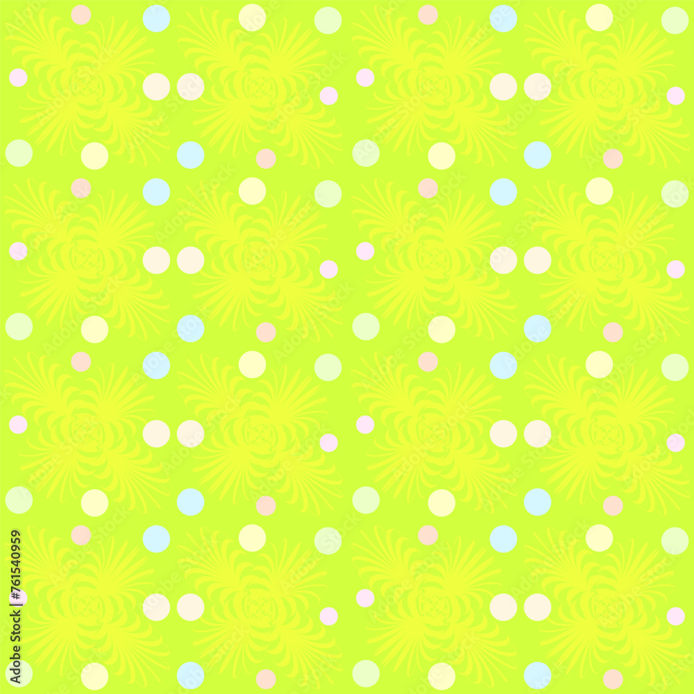 Seamless vector pattern, ornament with flowers, swirls and circles in trendy colors. Seamless vector pattern, ornament with flowers, swirls and circles in trendy colors.