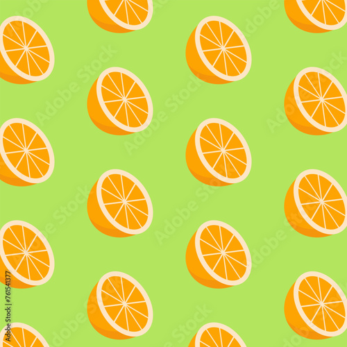 Oranges seamless pattern.Tangerine repeat pattern.Half slice cut orange pattern isolated on green background.