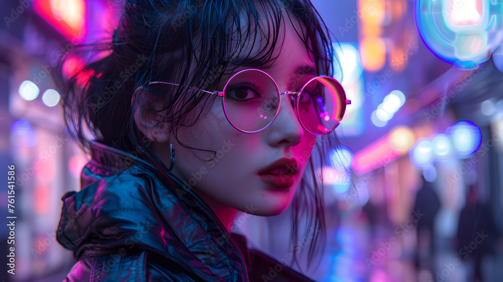 A striking digital portrait of a girl with sleek round glasses under the glow of neon night lights