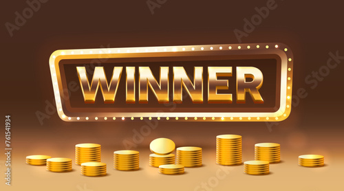 Winner frame label, jackpot winning coins, night Vegas. Vector illustration