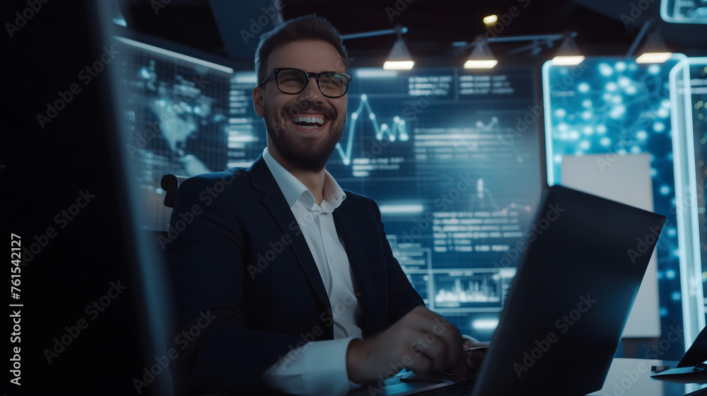 Businessman happily smiling working with laptop on background digital virtual screen Businessman happily smiling working with laptop on background digital virtual screen