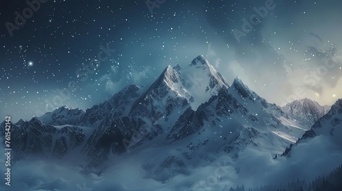 A breathtaking digital art piece featuring majestic snow-covered mountains under a star-studded night sky, evoking a sense of wonder. 