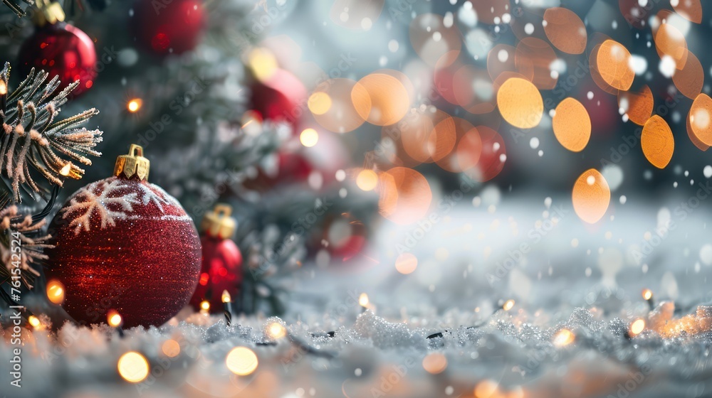 Christmas holiday background with red ball on snow