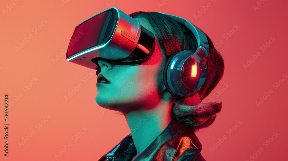 A vibrant image capturing a woman in VR and headphones, surrounded by an aura of neon lights