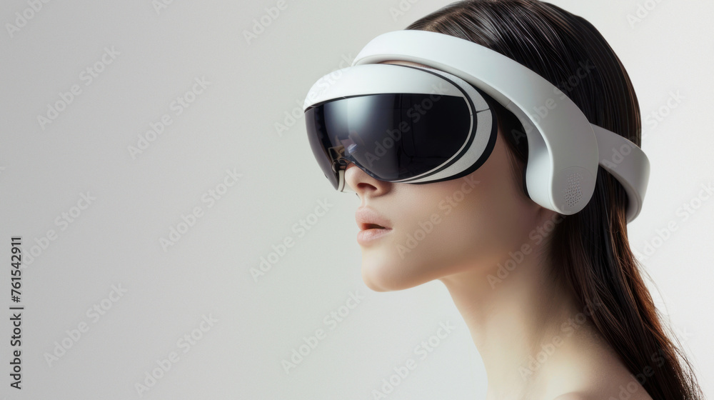 A woman's side profile as she wears a high-tech virtual reality headset and white headphones A woman's side profile as she wears a high-tech virtual reality headset and white headphones